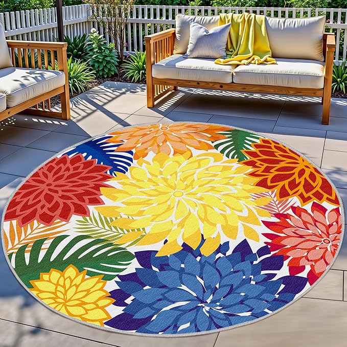 Indoor Outdoor 6FT Round Area Rug Washable Rugs Multicolored Patio Rug Tropical Botanical Modern Floral Indoor Outdoor Round Carpet Non Slip for RV, Pool Deck, Backyard, Porch-Ruum Studio Home