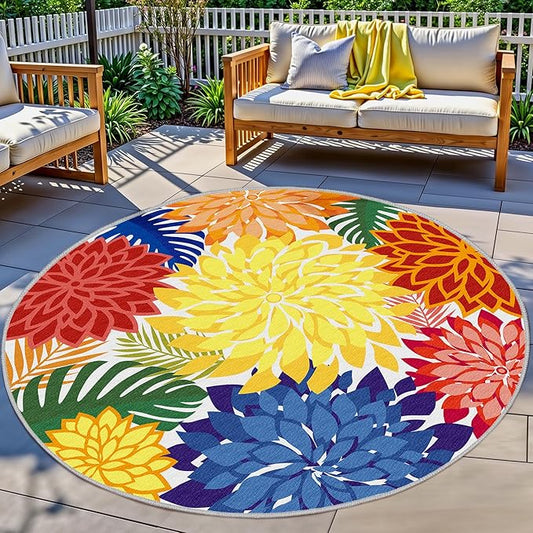 Indoor Outdoor 6FT Round Area Rug Washable Rugs Multicolored Patio Rug Tropical Botanical Modern Floral Indoor Outdoor Round Carpet Non Slip for RV, Pool Deck, Backyard, Porch-Ruum Studio Home