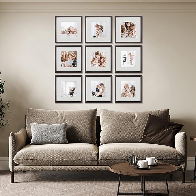 Sheffield Home 9 Piece Gallery Wall Frame Set, 12x12 Inch, Dark Oak-Ruum Studio Home
