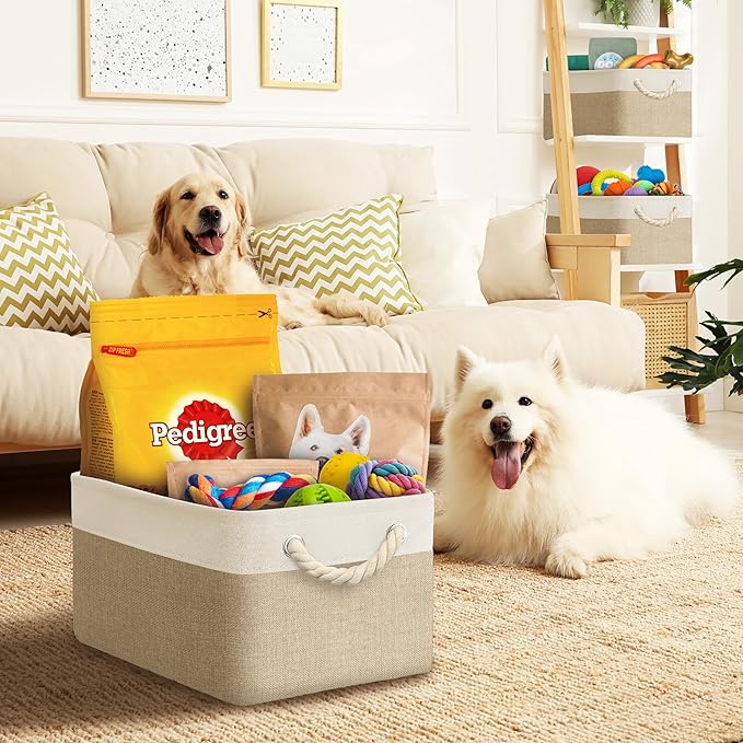 SIMPLE HOUSEWARE Large Fabric Storage Bin, 15.7" x 12" with Braided Handles, 3 Pack, Beige-Ruum Studio Home