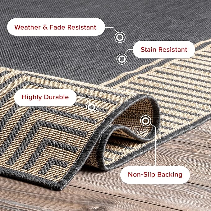 nuLOOM 2' x 8' Outdoor Area Rug, Casual Design With Striped Border, Stain Resistant, Highly Durable, For Patio, Balcony, Bedroom, Living Room, Dining Room, Bathroom, Dark Grey-Ruum Studio Home