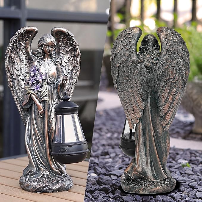 Solar Angel Outdoor Garden Decor Statues – 13.2 inches Solar Outdoor Sculptures for Outside Yard Art Patio Balcony Front Lawn Ornaments Gifts for Mom Grandma Women（Bronze）-Ruum Studio Home
