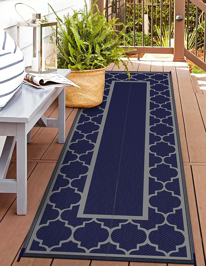 GENIMO 2.5 ' x 8 ' Outdoor Rug for Porch Patio Clearance, Waterproof Indoor Outdoor Plastic Straw Rugs Carpet, Reversible Outside Area Rv Mat for Camping, Balcony, Deck, Picnic, Beach (Blue & Gray)-Ruum Studio Home