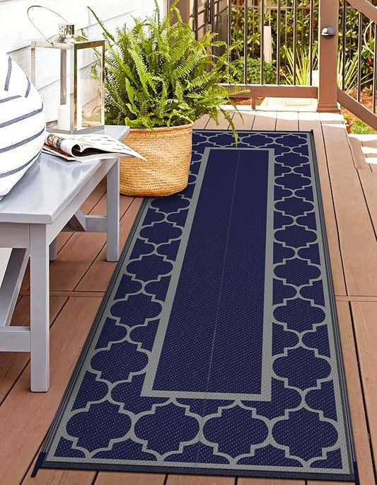GENIMO 2.5 ' x 8 ' Outdoor Rug for Porch Patio Clearance, Waterproof Indoor Outdoor Plastic Straw Rugs Carpet, Reversible Outside Area Rv Mat for Camping, Balcony, Deck, Picnic, Beach (Blue & Gray)-Ruum Studio Home