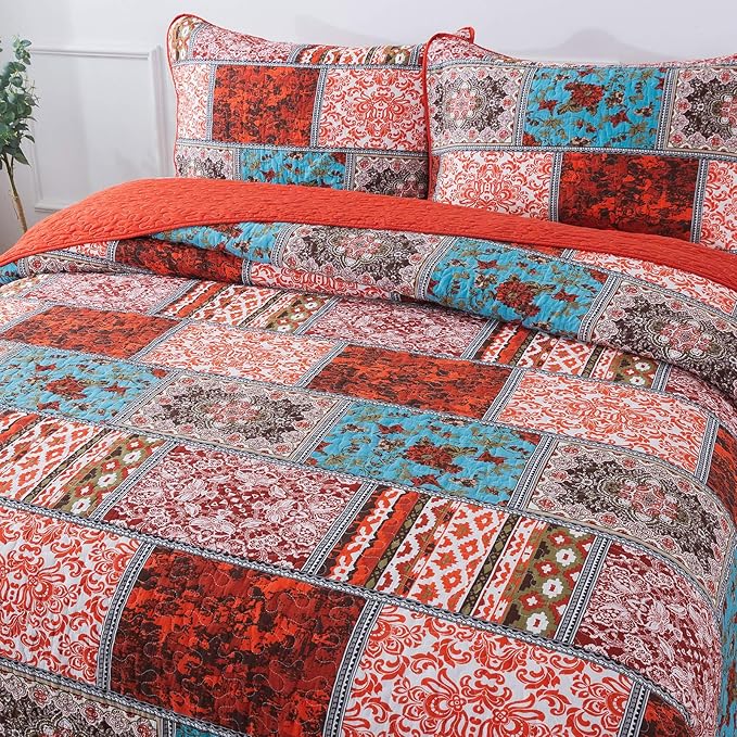 NEWLAKE Cotton Bedspread Quilt Sets-Reversible Patchwork Coverlet Set, Mediterranean Classic Bohemian Pattern,Queen Size-Ruum Studio Home