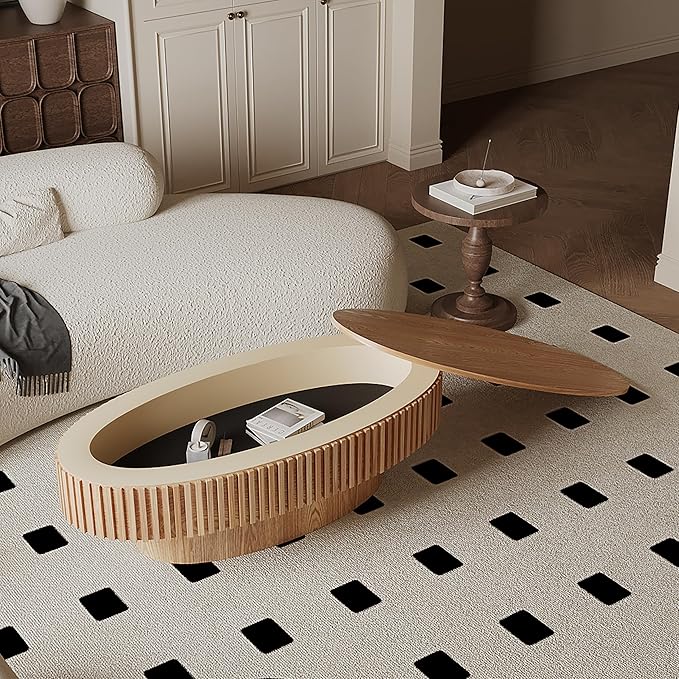 47.2''Oval Coffee Table with Storage, Mid Century Modern Drum Center Tables with Lid Fluted Solid Wood Side Coffee Table Pedestal Tea Table for Living Room, Bedroom, Apartmen-Natural-Ruum Studio Home