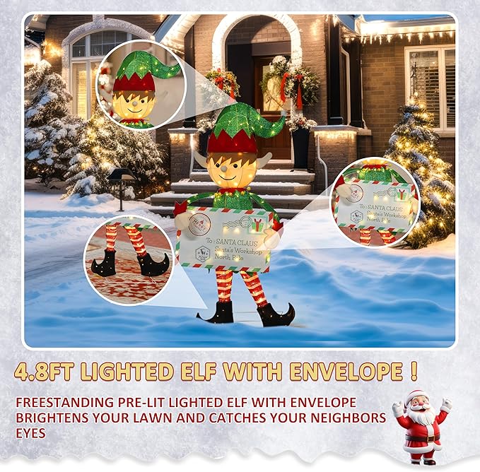 4.8FT Lighted Elf with Envelope Outdoor Christmas Decoration, 3D Pre-Lit Elf Decor with 100 LED Lights for Christmas, Freestanding Glittered Holiday Display for Outdoor, Indoor-Ruum Studio Home