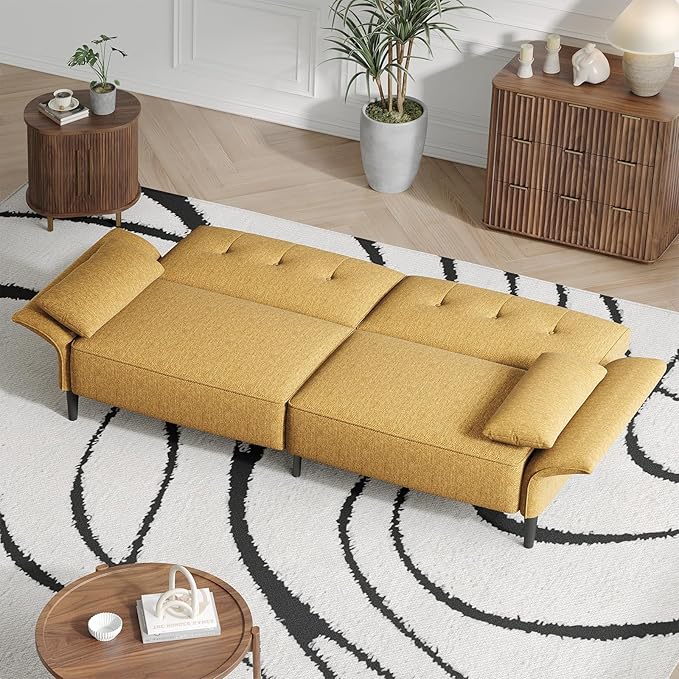 89” Futon Sofa Bed, Linen Comfy Futon Couch Bed with 2 Square Pillows, Convertible Sleeper Sofa with Adjustable Backrest& Armrests, Modern Loveseat Sleeper for Living Room, Bedroom, Yellow-Ruum Studio Home