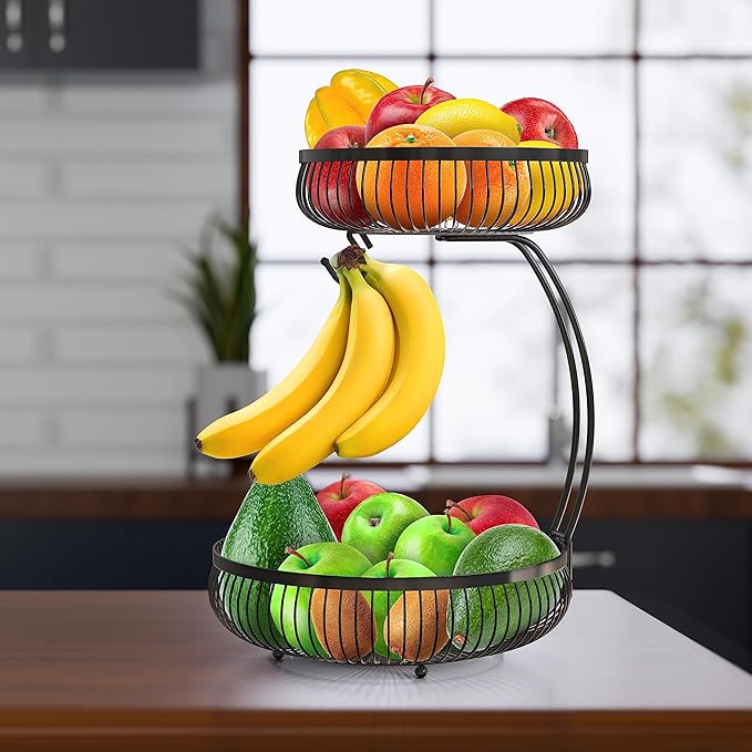 Simple Houseware 2-Tier Countertop Fruit Basket with Banana Hanger, Black-Ruum Studio Home