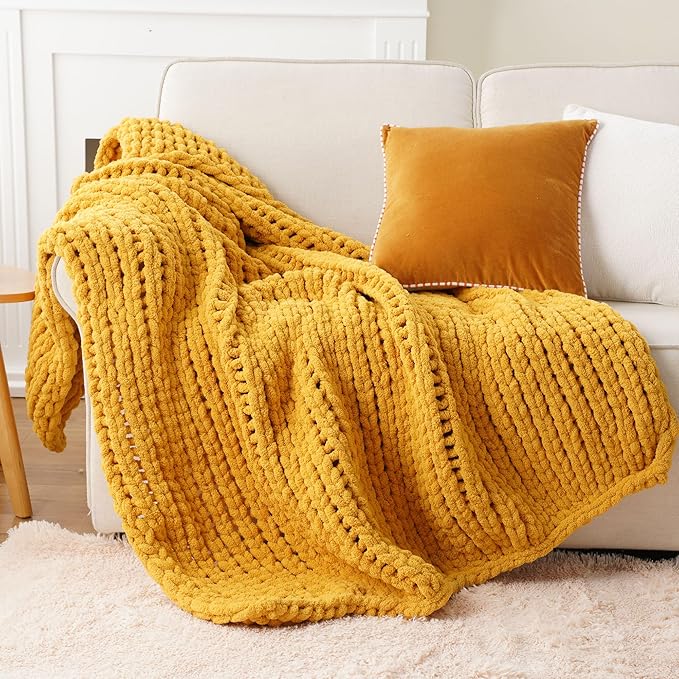 Battilo Chunky Knit Throw Blanket, Soft and Thick Chenille Throw Blanket, 50"x60" Handmade Cable Knit Crochet Blanket, Large Rope Knot Throw Blankets for Couch Sofa Bed Home Decor, Mustard-Ruum Studio Home