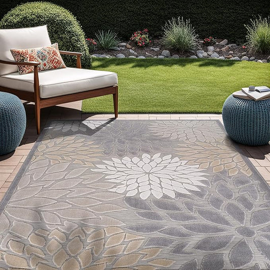 Beverly Rug Outdoor Rug 10x14 Large Modern Floral Tropical Area Rugs for Indoor and Outdoor Patio Easy to Clean Non Shedding Living Room Porch Garden Washable Outside Carpet (10 x 14 Gray)-Ruum Studio Home