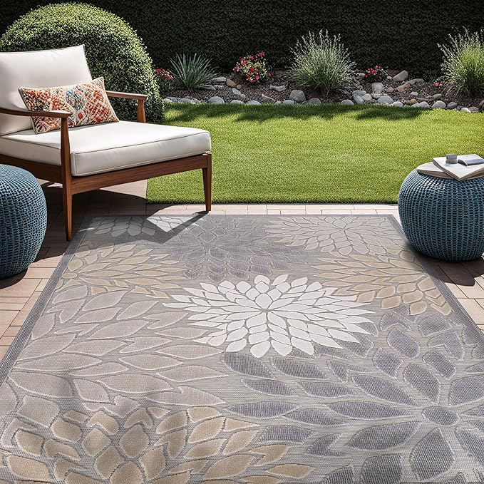 Beverly Rug Outdoor Rug 9x12 Large Modern Floral Tropical Area Rugs for Indoor and Outdoor Patio Easy to Clean Non Shedding Living Room Porch Garden Washable Outside Carpet (9 x 12 Gray)-Ruum Studio Home