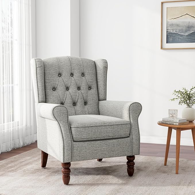 Accent Chair, Upholstered Armchair with Button Tufted High Back & Solid Wood Legs, Comfy Wingback Reading Single Sofa Chair for Small Spaces, Living Room, Bedroom (Light Grey, Set of 1)-Ruum Studio Home
