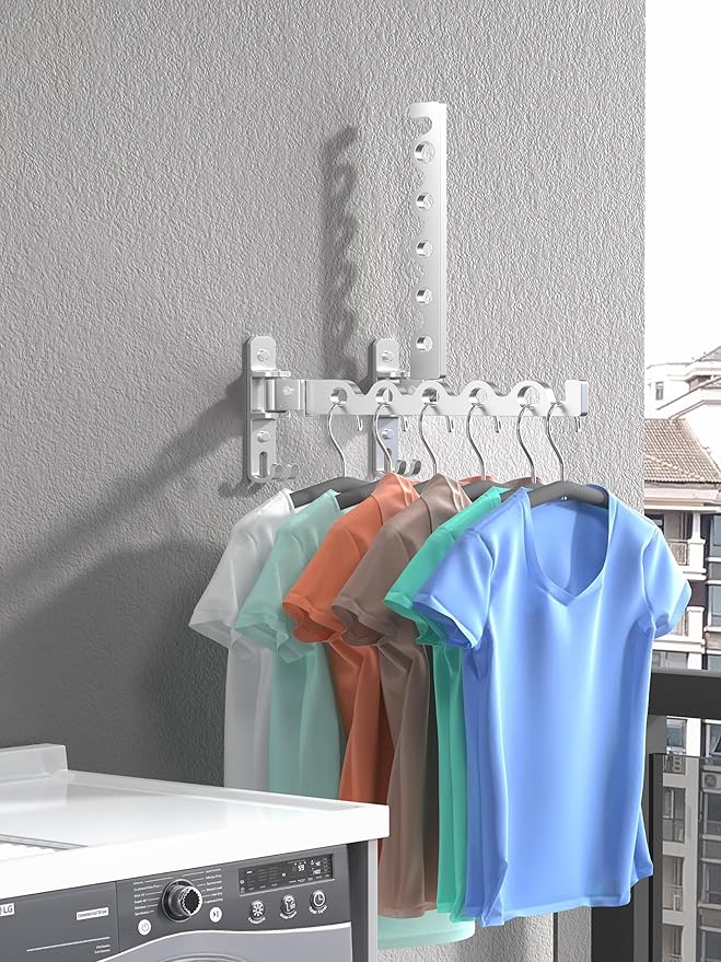 Dr.DJ Wall Hanger for Clothes, Coat Hanger Wall Mounted Silver Retractable Clothes Drying Organizer Rack Garment Hooks Aluminium Folding Indoor Space Save (2 Racks) Silver-Ruum Studio Home