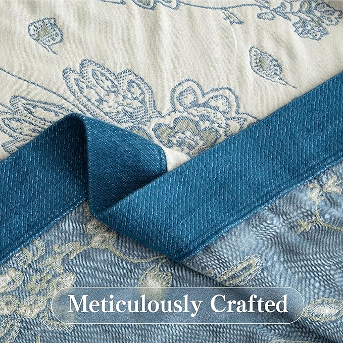 Boho Throw Blanket Twin Size, Soft Cozy Cotton Muslin Quilt Blanket for Bed Decor, Floral Patterned Couch Sofa Chair Cover, Vintage Farmhouse Cottage Tapestry Woven Blanket, Blue and White-Ruum Studio Home