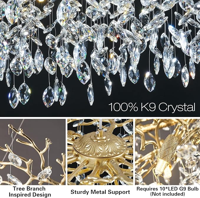 Modern Crystal Chandelier, 30" Chandeliers for Dining Room,Gold K9 Crystal Tree Branches Crystal Chandelier,10-Light Living Room Chandeliers, Fo Entryway,Foyer,Bedrooms-Ruum Studio Home