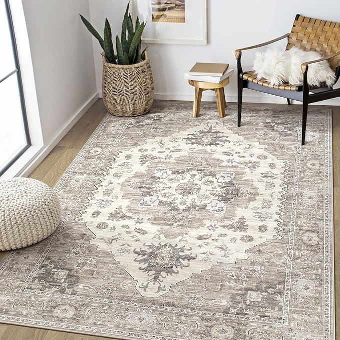 Washable Area Rugs for Living Room -6x9 Neutral Vintage Distressed Floral Farmhouse Boho Large Soft Floor Rug Indoor Non Slip Carpet for Living Room Bedroom Dining Room Office-Brown/Beige-Ruum Studio Home