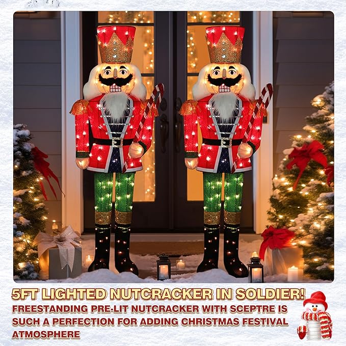 5FT Lighted Nutcracker with Candy Cane for Christmas Decoration, 3D Pre-Lit Iridescent Soldier Xmas Decor with 100 Warm White Lights, Glittered Standing Holiday Display for Outdoor, Indoor-Ruum Studio Home