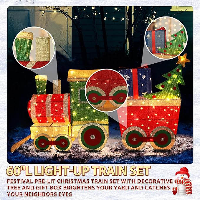 5FT Light-Up Christmas Train Decor with 170 LED Lights, 3D Pre-Lit Train Set with Gift Box and Christmas Tree for Xmas Decoration, Freestanding Glittered Holiday Display for Outdoor, Indoor-Ruum Studio Home