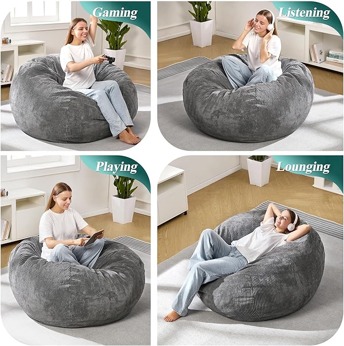 3.5FT Bean Bag Chairs Teardrop Bean Bag Chair for Adults Beanbag Chair with Memory Foam Filled Machine Washable Cover for Living Room, Bedroom (Large,Grey)-Ruum Studio Home