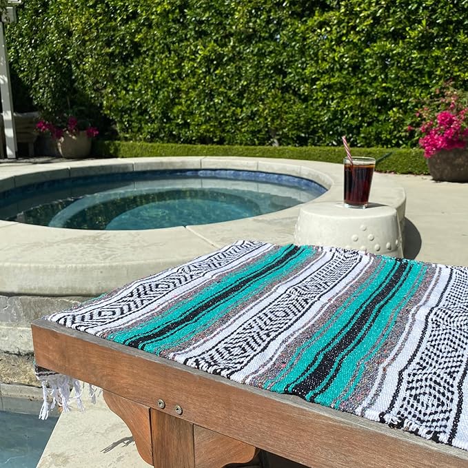 Del Mex Classic Mexican Blanket, Large Authentic Woven Falsa Throw (70"x50"), Artisan Southwest Décor for Beach, Yoga, Outdoors (Teal)-Ruum Studio Home