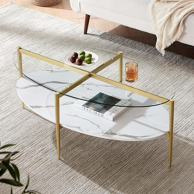 Oval Glass Coffee Table, Mid-Century Modern Design, L43 x W22 x H17 inch, Surfboard Shaped Clear Glass Top and White Marble Finish Wood Shelf, Tapered Legs with Gold Finish Frame-Ruum Studio Home