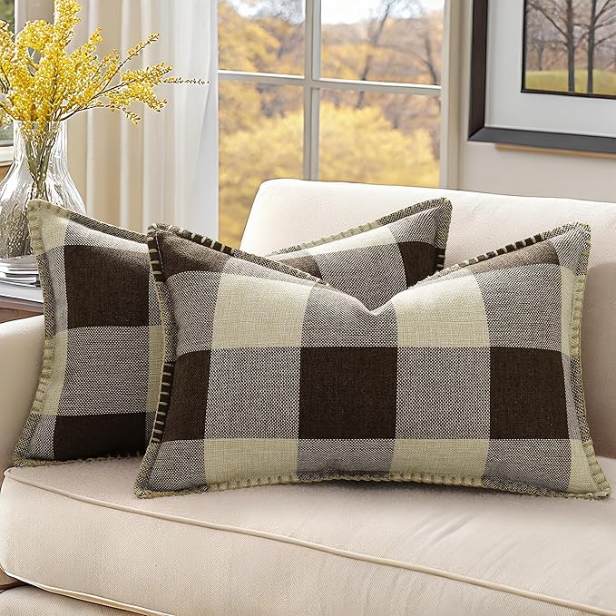 decorUhome Buffalo Plaid Check Throw Pillow Covers 12x20 Set of 2, Outdoor Lumbar Decorative Farmhouse Neutral Pillow Covers with Stitched Edge for Bed Couch Sofa, Brown and Beige-Ruum Studio Home