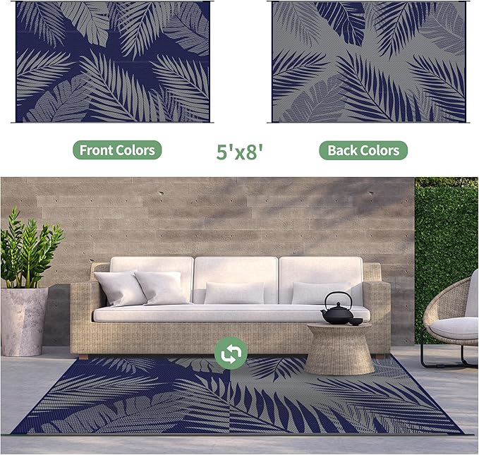 GENIMO Outdoor Rug 5' x 8' Waterproof for Patios Clearance, Reversible Outdoor Plastic Straw Camping Rug Carpet, Large Area Rugs Mats for RV, Picnic, Backyard, Deck, Balcony, Porch, Beach, Blue&Grey-Ruum Studio Home