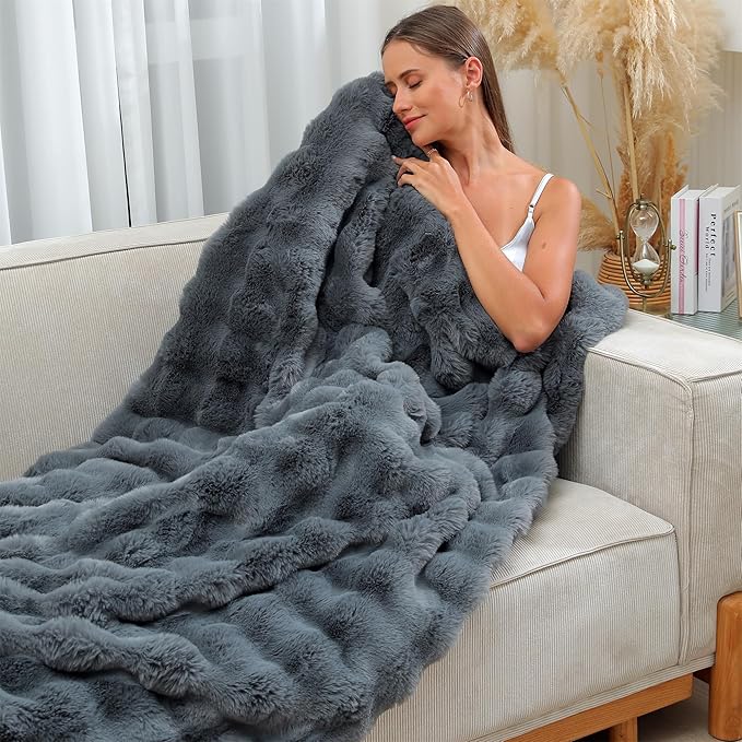 RYNGHIPY Faux Fur Throw Blanket Double Side Thick and Warm Plush Fluffy Faux Rabbit Fur Decoration for Couch Sofa Chair and Bed Cozy Winter Blanket (Dark Grey, 63''x79'')-Ruum Studio Home