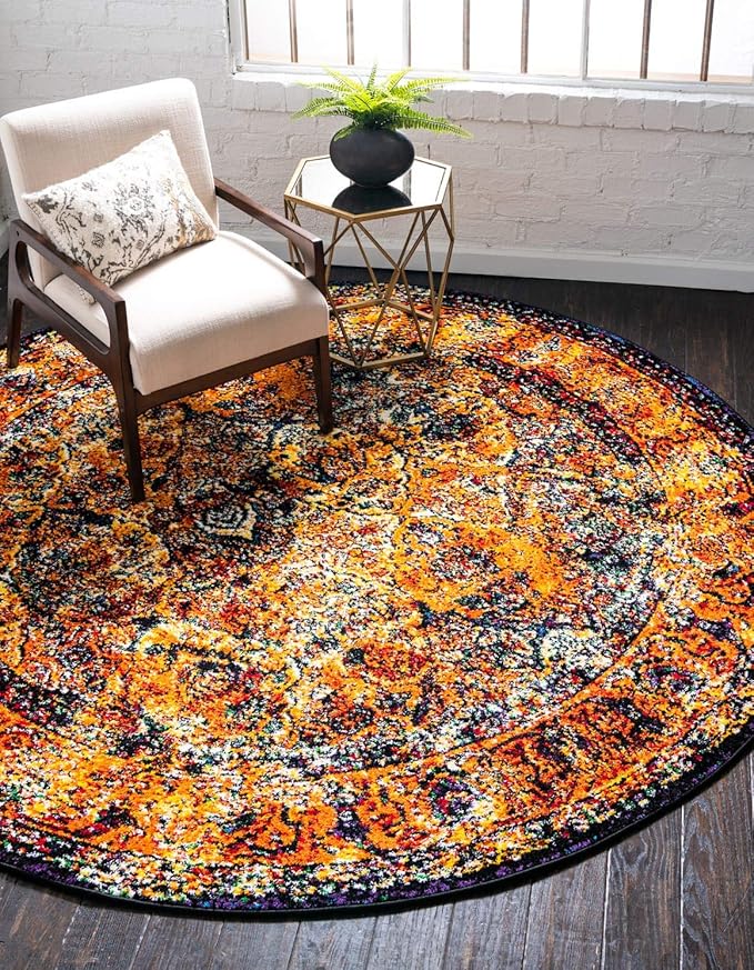 Unique Loom Rosso Collection Vintage, Traditional, Bohemian, Geometric, Border, Distressed, Southwestern Area Rug, 8 ft x 8 ft, Orange/Black-Ruum Studio Home