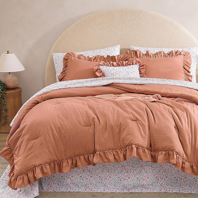 Queen Comforter Set - 7 Pieces Ruffle Autumn Leaf Bedding Sets, Shabby Chic Farmhouse Bed in a Bag Queen with Ruffle Comforter, Floral Sheets, Pillowcases & Shams-Ruum Studio Home