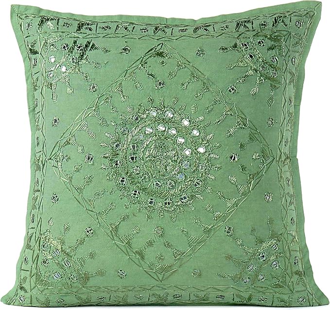 Eyes of India Embroidered Decorative Boho Throw Pillow Cover with Mirrors, Handmade Bohemian Accent Cushion Case for Sofa Couch Bedroom Living Room (Green, 16" x 16")-Ruum Studio Home