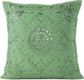 Eyes of India Embroidered Decorative Boho Throw Pillow Cover with Mirrors, Handmade Bohemian Accent Cushion Case for Sofa Couch Bedroom Living Room (Green, 24" x 24")-Ruum Studio Home