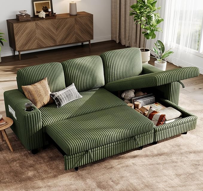 LINSY HOME Sectional Sleeper Sofa with Pull Out Couch Bed Convertible Plush Corduroy Cloud Couch with Storage Chaise & USB Charging, Comfy L Shaped Modular Couches for Living Room Apartment (Green)-Ruum Studio Home