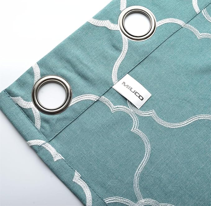 MIUCO Moroccan Embroidery Semi Sheers Curtain Faux Linen Grommet Window Curtains for Bedroom 52 x 95 Inch 2 Panels, Teal-Ruum Studio Home
