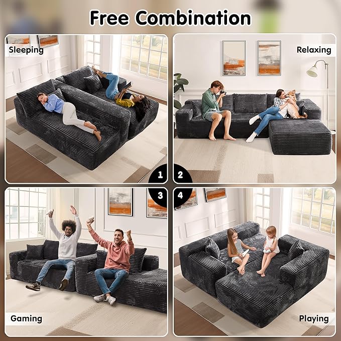 ovios 104" Cloud Sectional Couch with L-Shape Chaise,Modern Modular Sofa with Deep Seat, Upholstered Couches for Living Room Bedroom,No Assembly Required, Grey (Plush Corduroy Fabric)-Ruum Studio Home