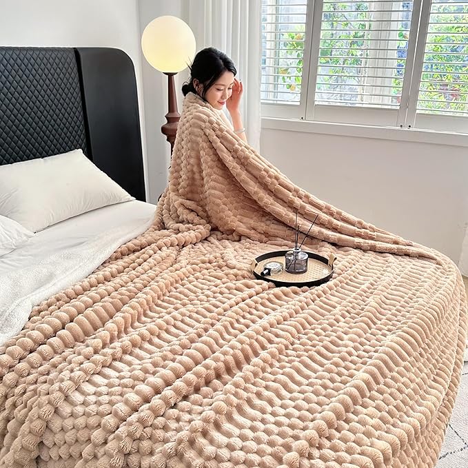 UKELER Sherpa Throw Blanket 60 × 80 inch, 470 GSM Striped Sherpa Fleece Blanket for All Season, Warm and Cozy Blankets for Couch Sofa Bed Office Camping, Camel-Ruum Studio Home