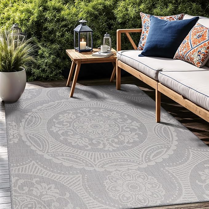 Medallion Outdoor Rug 10x14 Washable Outside Carpet for Indoor Patio Porch Waterproof Easy Cleaning Non Shedding Area Rugs Gray 10 x 14-Ruum Studio Home