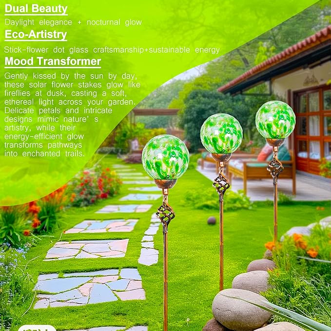 Garden Solar Lights, Decorative LED Honeycomb Glass Ball Garden Stake, Glass and Metal Outdoor Decoration, 4 x 31 Inch (Green)-Ruum Studio Home