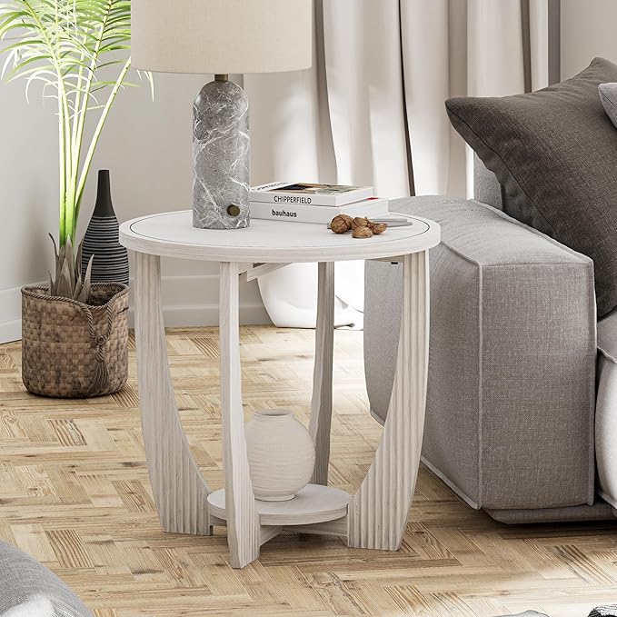 Rustic Farmhouse end Table with Storage Shelf, French Country Accent Side Table for Family, Dinning or Living Room, Small Spaces, Modern, Round, White-Ruum Studio Home