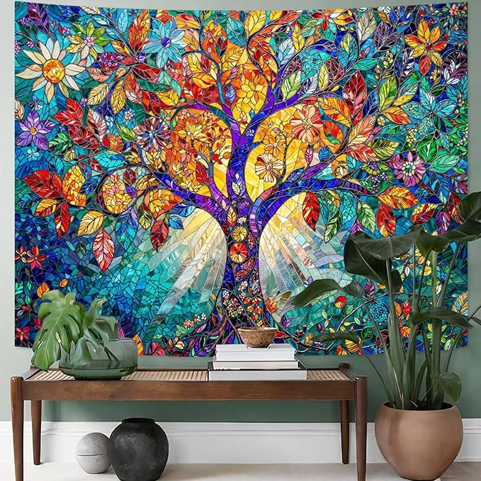 Lunerfex Tree of Life Tapestry Stained Glass Tapestry Wall Decor Tapestries for Bedroom Art Tapestries Wall Hanging for Bedroom Living Room Glass-Tree-02 60"x80"-Ruum Studio Home
