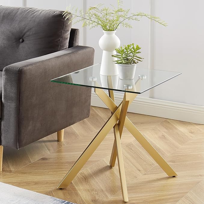 Modern Style Square Side Table with Tempered Glass Top and Metal Tubular Legs, Gold 20”Dx20”Wx22”H-Ruum Studio Home
