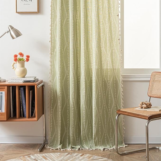 Sutuo Home Boho Curtains 63 Inches Length for Kitchen Doorway Cafe Dining Room, Vintage Tassels Window Treatment Drape for Xmas Decorations Rod Pocket, 1 Panel 59" W x 63" L,Green Stripe Floral-Ruum Studio Home