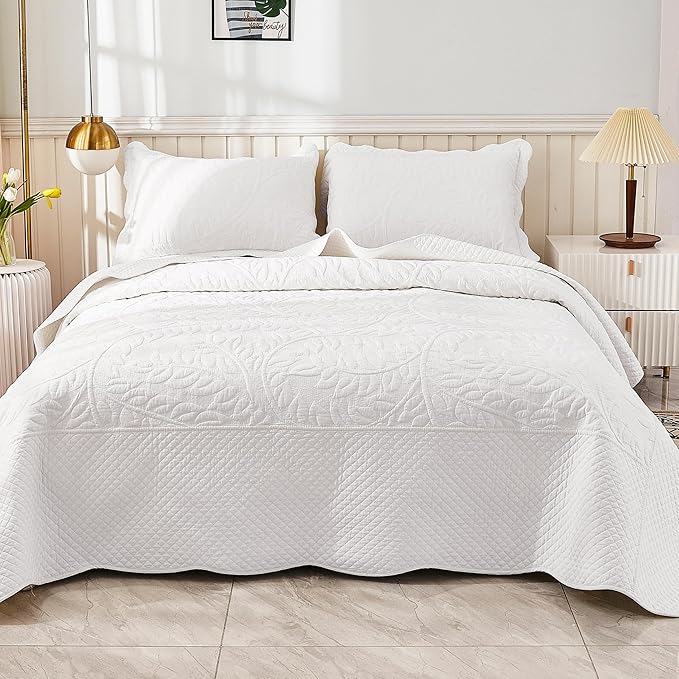 MarCielo 3-Piece 100% Cotton Oversized Bedspread Lightweight Quilt Coverlet Embroidery Farmhouse Bedding Set T0 (Bright White, Oversized Queen (100"x106"))-Ruum Studio Home