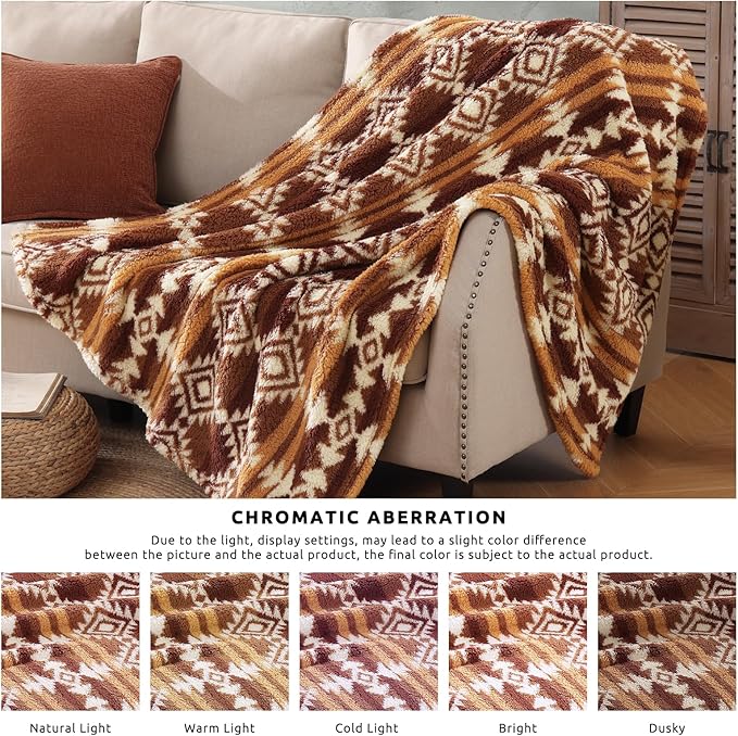 CASAAGUSTO Boho Sherpa Throw Blanket, Aztec, Ultra Soft, Warm, Cozy, Plush, Thick Fleece Bohemian Throw Blanket for Couch, Bed, Sofa (Terracotta 50 * 60 Inch)-Ruum Studio Home