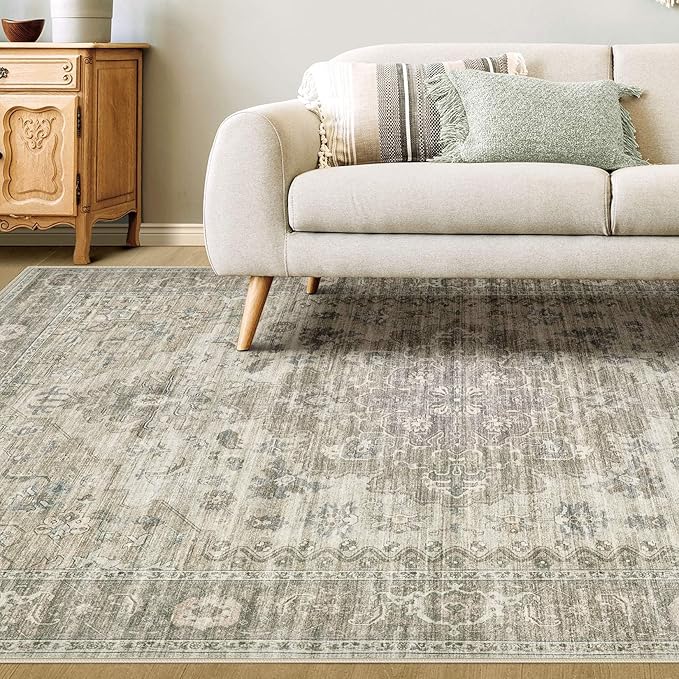 Washable Area Rugs for Living Room -10x14 Neutral Vintage Distressed Floral Farmhouse Boho Large Soft Floor Rug Indoor Non Slip Carpet for Living Room Bedroom Dining Room Office -Brown/Tan-Ruum Studio Home
