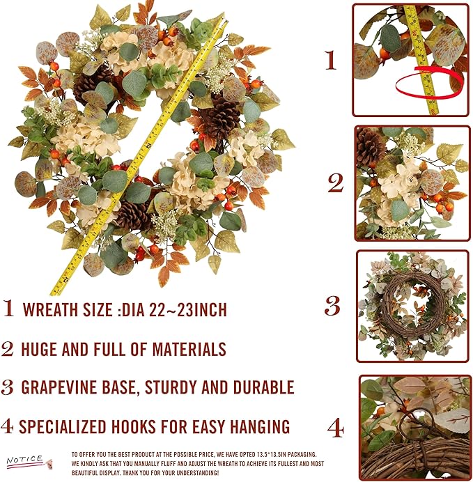 22 in Fall Hydrangea Wreath with Eucalyptus, Pinecones Orange Berries Perfect Autumn Door Wreath for Thanksgiving Harvest Decor - Rustic, Lifelike Durable for Indoor Outdoor Use-Ruum Studio Home