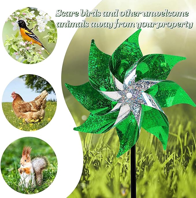 Hausse 10 Pack Reflective Pinwheels Holiday Decor, Extra Sparkly Wind Sculptures for St. Patrick's Day Decorations Party Supplies, Deterrent to Scare Birds Away from Garden Yard Patio Farm, Green-Ruum Studio Home