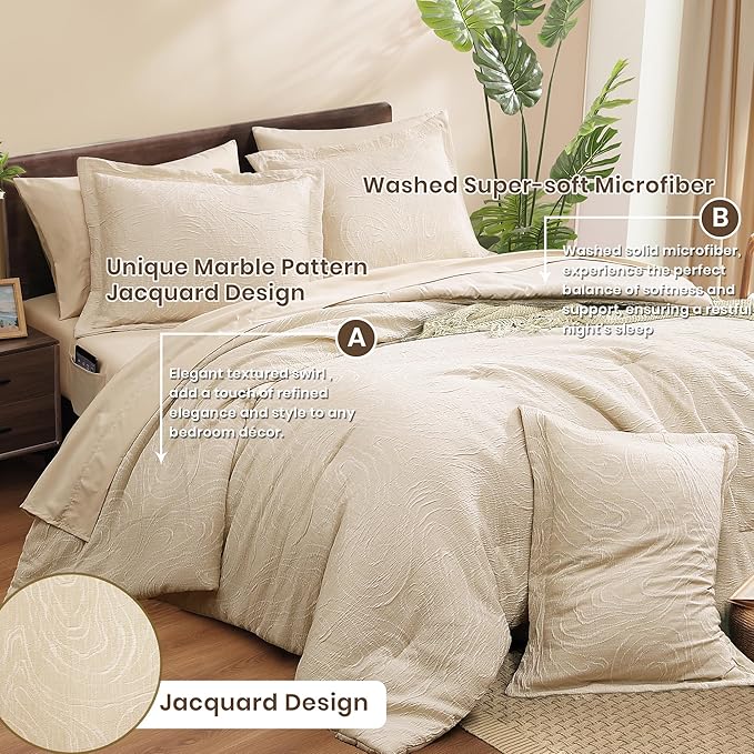 Monbix Full Size Comforter Set, Birch Marble Pattern Bedding Comforter for Full Size Bed Set, Reversible Bedding Sets 7 Pieces, Bed in a Bag with Comforter, Sheets, Pillowcases & Shams-Ruum Studio Home