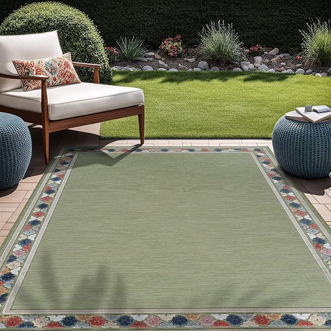 Beverly Rug Outdoor Rug 8x10 Modern Bordered Area Rugs for Indoor and Outdoor Patio Easy to Clean Non Shedding Living Room Porch Garden Washable Outside Carpet (8 x 10 Green)-Ruum Studio Home